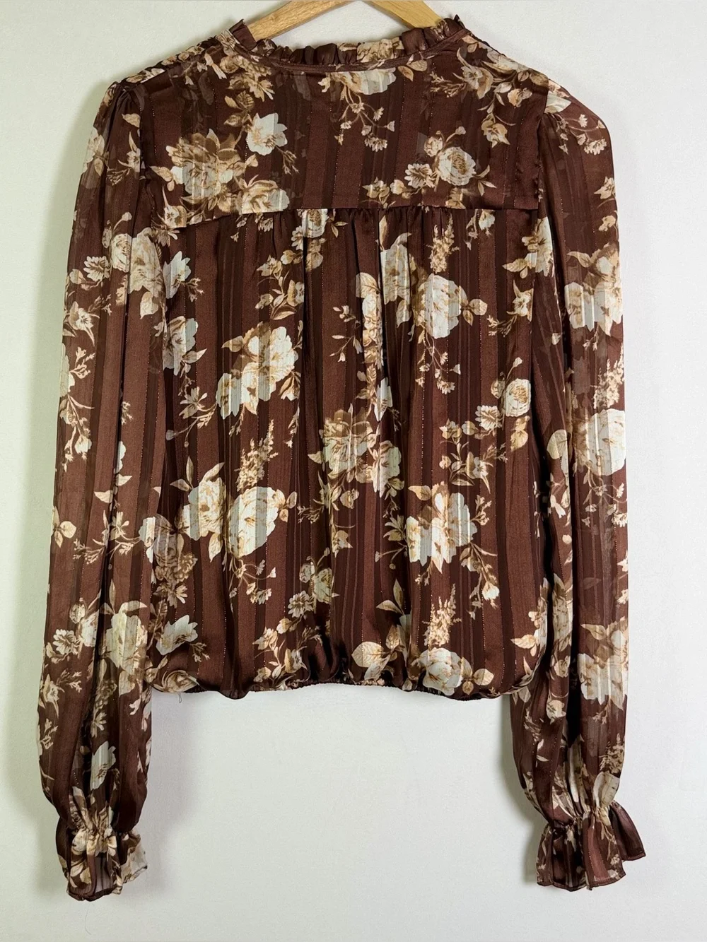 Autres Filles Anthropologie Floral Boho Peasant Blouse Brown Tie Neck Top Sz S - Picture 9 of 10